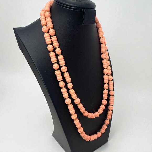 Vintage Genuine Lucite Double-Strand Necklace Coral Peach Beads Hong Kong 24"L - Picture 2 of 6